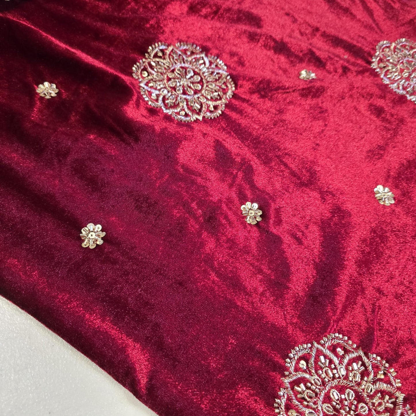Maroon Velvet Fabric Hand Embroidered Gold Paisley – Luxury Indian Bridal Dress Material 44" by Meter