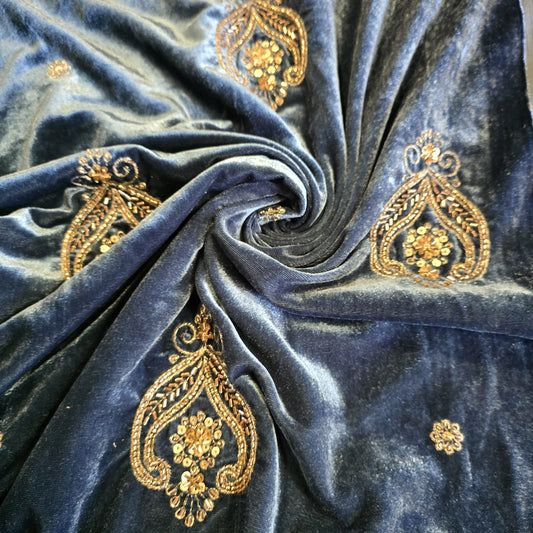 Duck Egg Velvet Fabric Hand Embroidered Gold Paisley – Luxury Indian Bridal Dress Material 44" by Meter