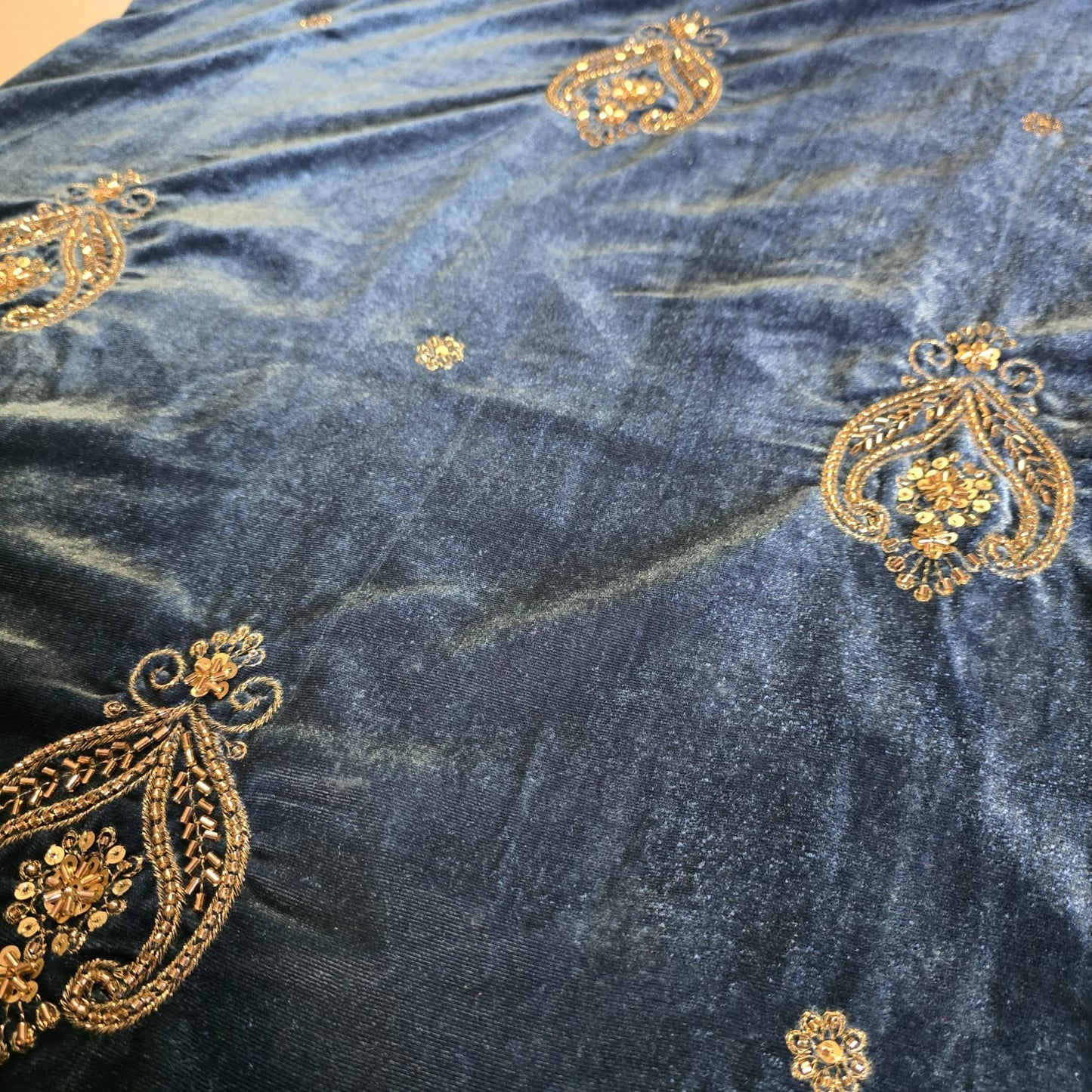 Duck Egg Velvet Fabric Hand Embroidered Gold Paisley – Luxury Indian Bridal Dress Material 44" by Meter