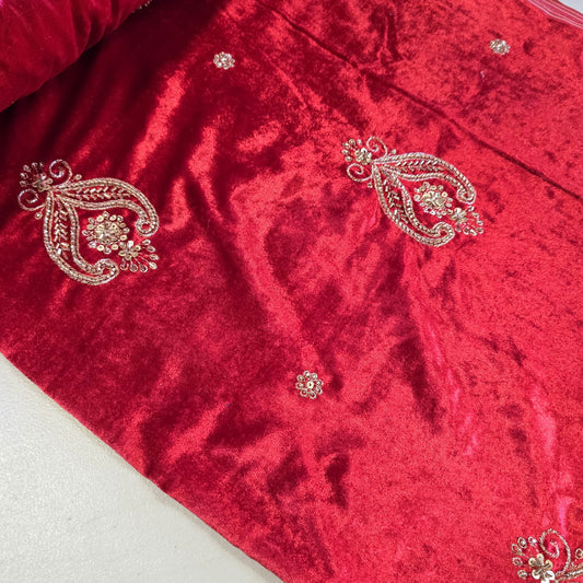 Red Velvet Fabric Hand Embroidered Gold Paisley – Luxury Indian Bridal Dress Material 44" by Meter (Copy)