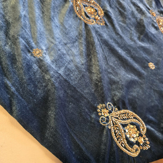 Duck Egg Velvet Fabric Hand Embroidered Gold Paisley – Luxury Indian Bridal Dress Material 44" by Meter