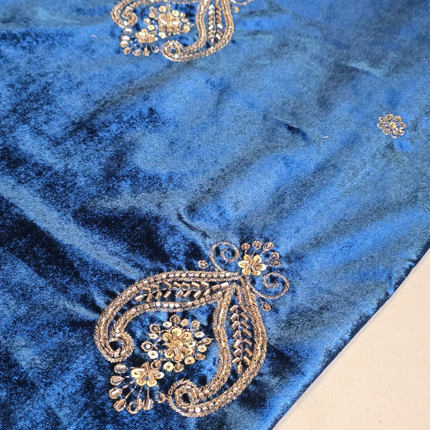 Teal Velvet Fabric Hand Embroidered Gold Paisley – Luxury Indian Bridal Dress Material 44" by Meter