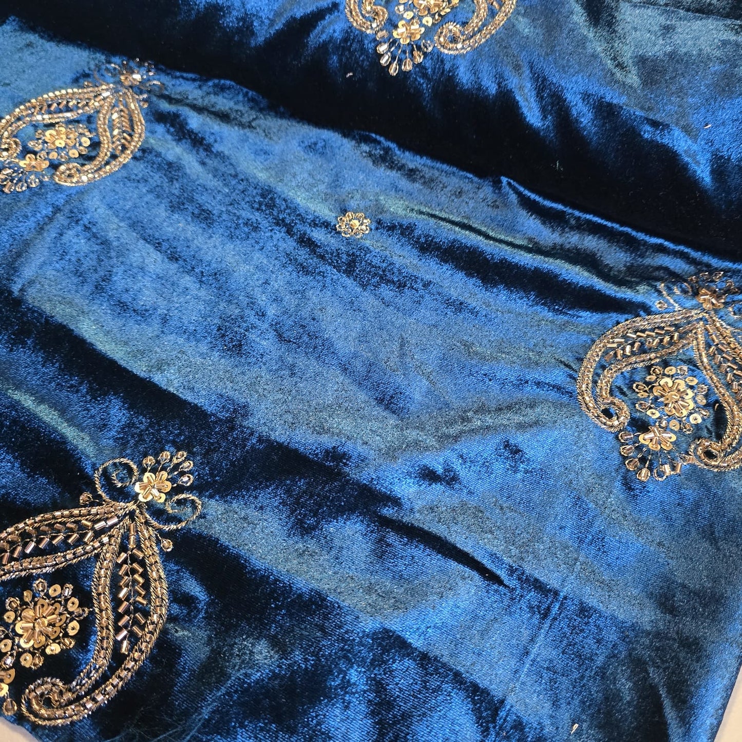 Teal Velvet Fabric Hand Embroidered Gold Paisley – Luxury Indian Bridal Dress Material 44" by Meter