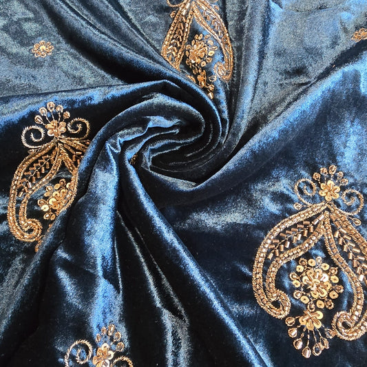 Teal Velvet Fabric Hand Embroidered Gold Paisley – Luxury Indian Bridal Dress Material 44" by Meter