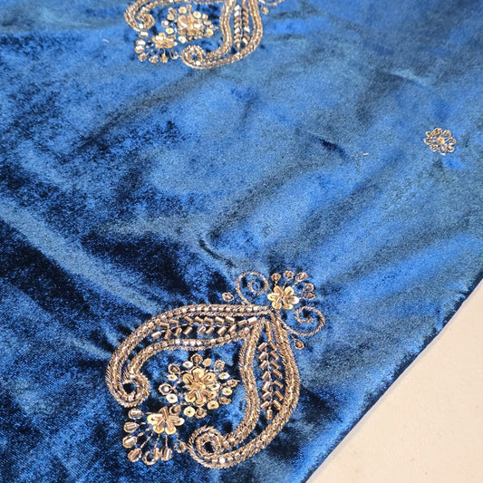 Teal Velvet Fabric Hand Embroidered Gold Paisley – Luxury Indian Bridal Dress Material 44" by Meter