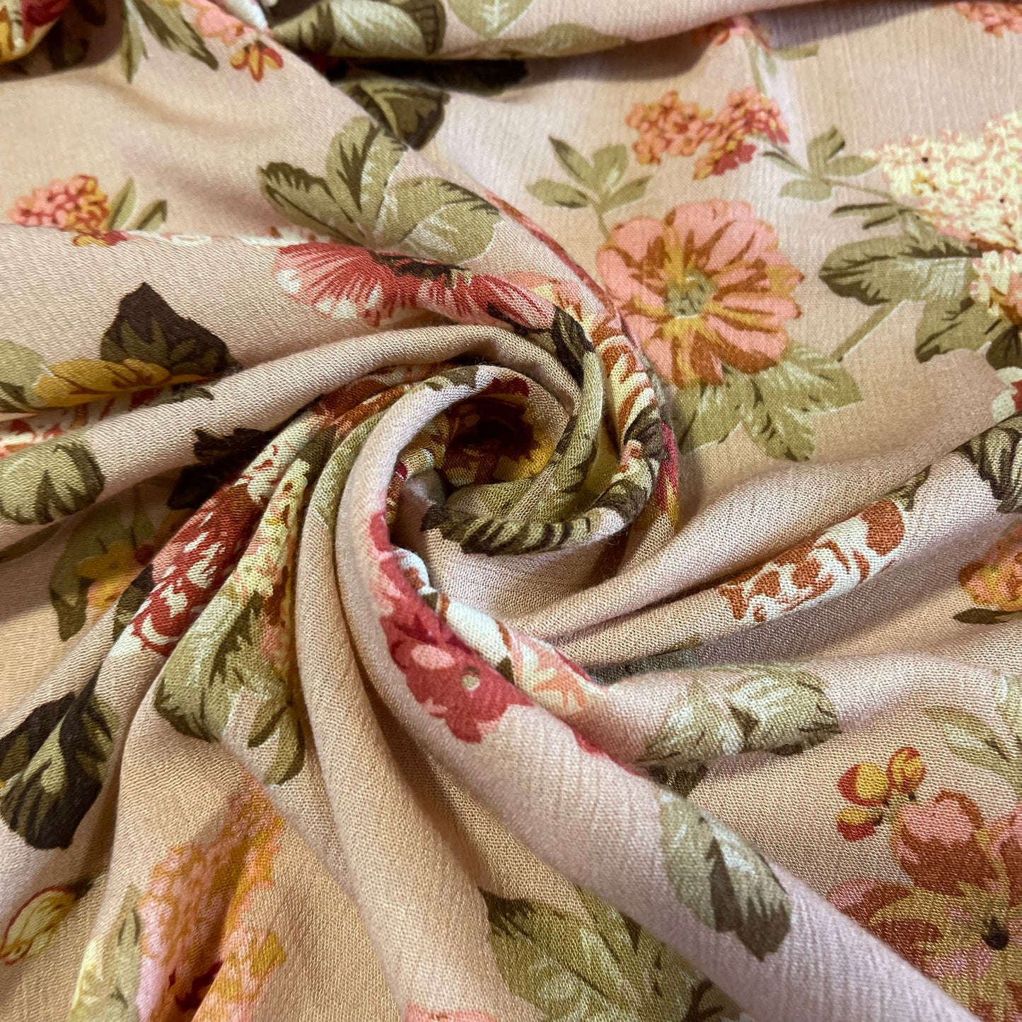 Vintage Rose Garden Crinkle Viscose Challis Fabric – Blush Pink Floral Drapey Dress Fabric | 58” Wide by the Meter