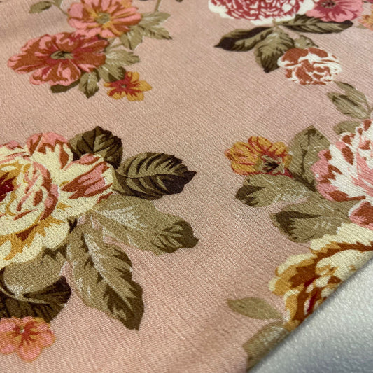 Vintage Rose Garden Crinkle Viscose Challis Fabric – Blush Pink Floral Drapey Dress Fabric | 58” Wide by the Meter