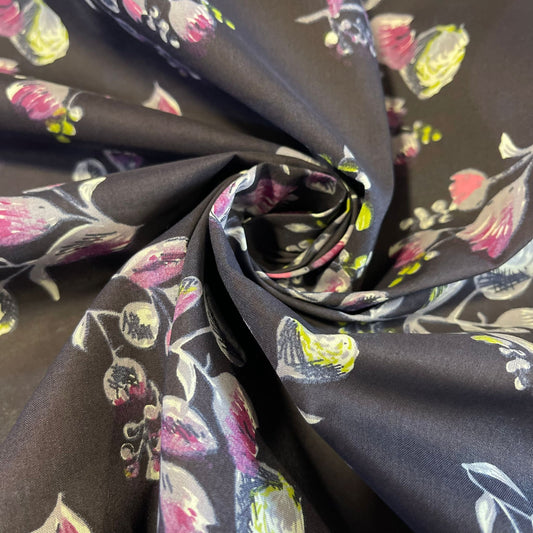 Midnight Blossom 100% Cotton Navy Floral Fabric – Soft Pink & Ivory Botanical Dress, Quilting & Craft Material | 58” Wide by the Meter