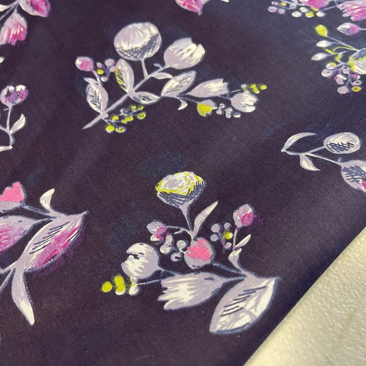Midnight Blossom 100% Cotton Navy Floral Fabric – Soft Pink & Ivory Botanical Dress, Quilting & Craft Material | 58” Wide by the Meter