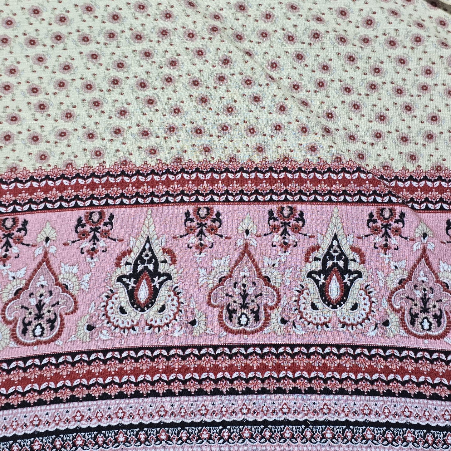 Blush Boho Border Crinkle Viscose Fabric – Pink Floral Panel Dress Fabric with Ditsy Print | 58” Wide by the Meter