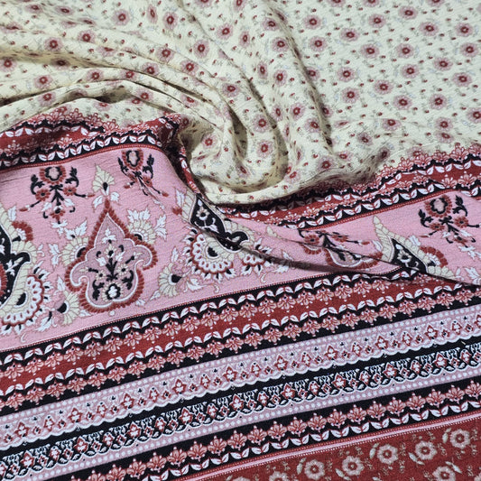 Blush Boho Border Crinkle Viscose Fabric – Pink Floral Panel Dress Fabric with Ditsy Print | 58” Wide by the Meter