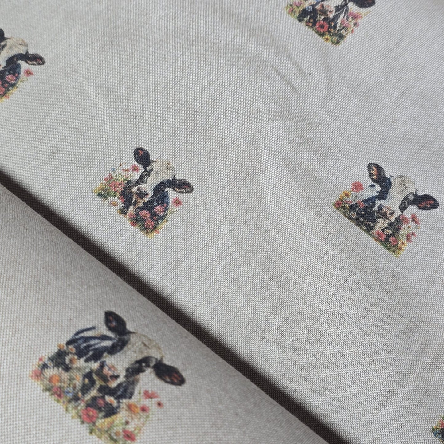 Cow Floral Panama Fabric and Cushion Panel Linen Look Farm Home Decor Material 58" Meter