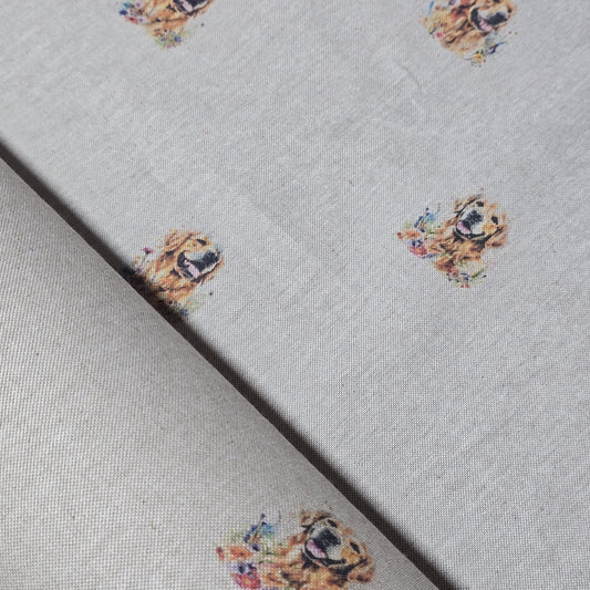 Golden Retriever Panama Fabric and Cushion Panel Linen Look Farm Home Decor Material 58" Meter