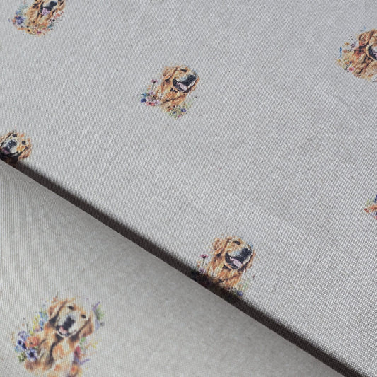 Golden Retriever Panama Fabric and Cushion Panel Linen Look Farm Home Decor Material 58" Meter