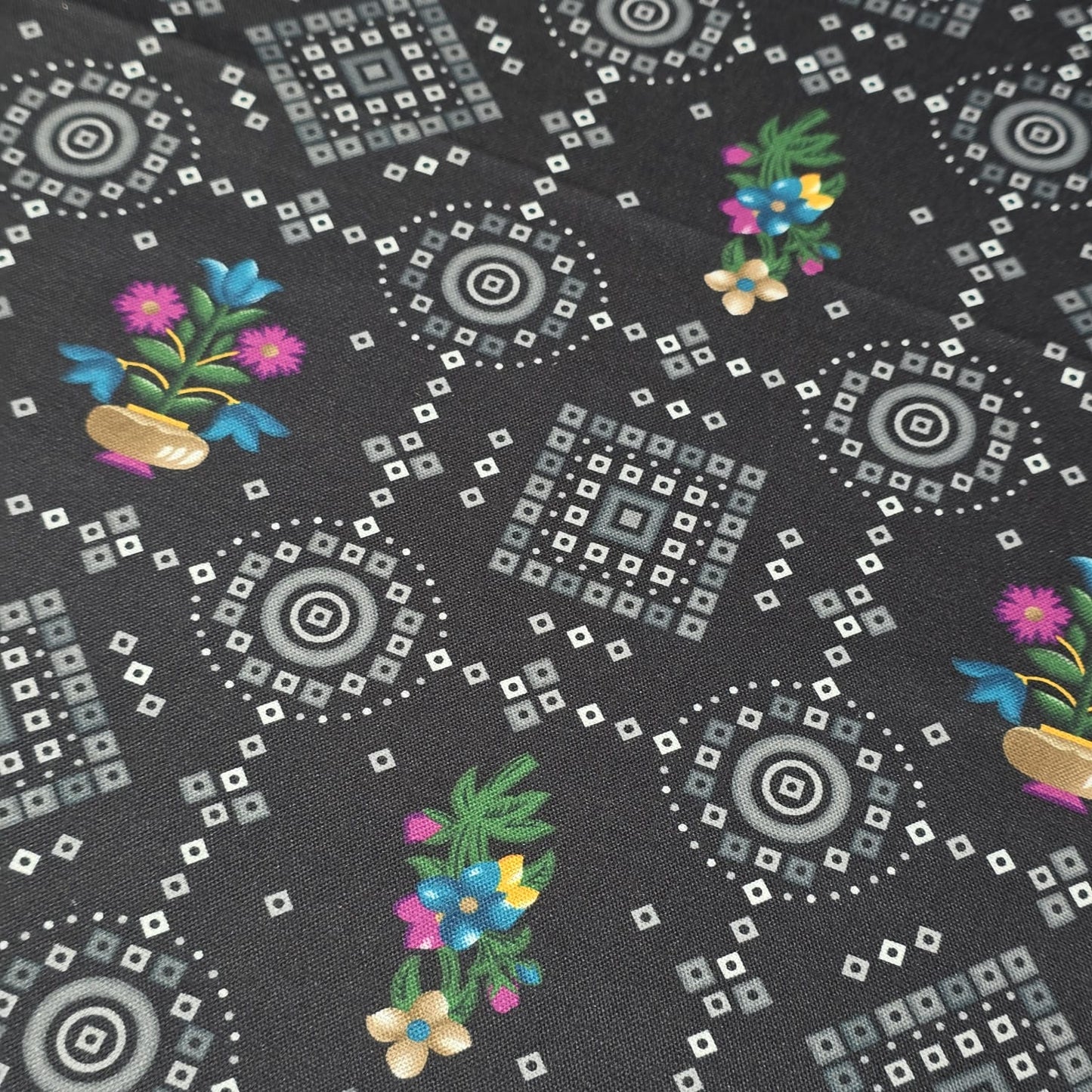 Black Rangoli Floral 100% Cotton Lawn Fabric Craft Quilting Patchwork Material By Meter 44"