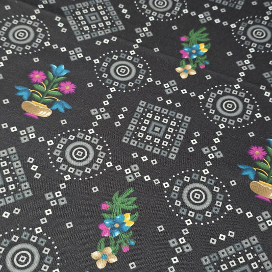 Black Rangoli Floral 100% Cotton Lawn Fabric Craft Quilting Patchwork Material By Meter 44"