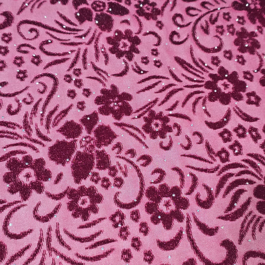 Wine Floral Velvet Velour Stud Embellished Devore Fabric Burnout Dress Craft Material 58" By The Meter