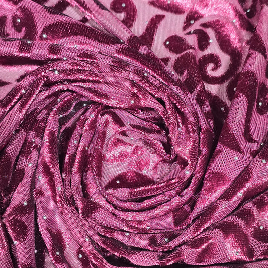 Wine Floral Velvet Velour Stud Embellished Devore Fabric Burnout Dress Craft Material 58" By The Meter