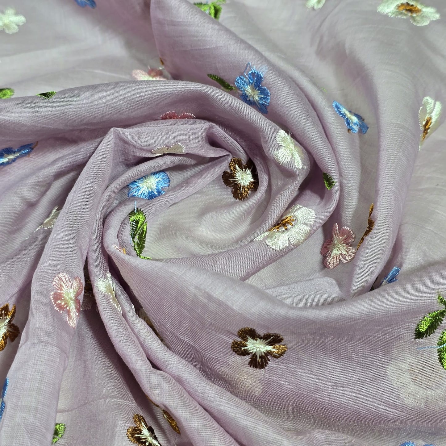 Lilac Lavender Pastel Floral Embroidered Cotton Silk Fabric – Soft Lightweight Designer Dress Material 44" By The Meter