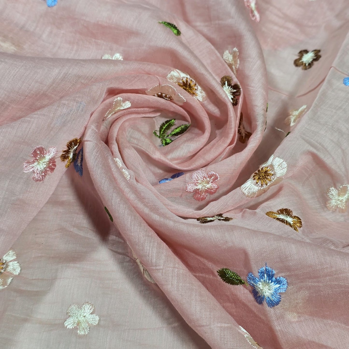 Blush Pink Pastel Floral Embroidered Cotton Silk Fabric – Soft Lightweight Designer Dress Material 44" By The Meter