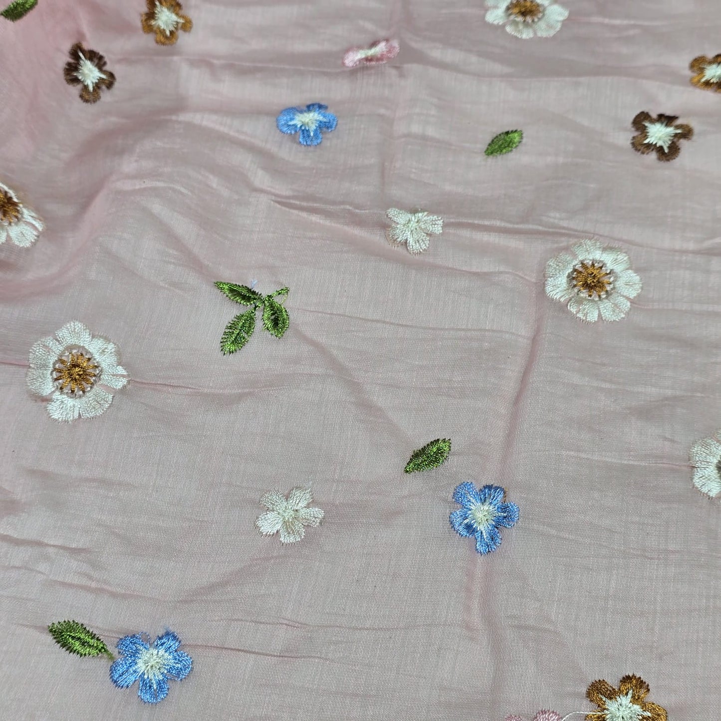 Blush Pink Pastel Floral Embroidered Cotton Silk Fabric – Soft Lightweight Designer Dress Material 44" By The Meter