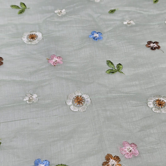 Mint Green Pastel Floral Embroidered Cotton Silk Fabric – Soft Lightweight Designer Dress Material 44" By The Meter