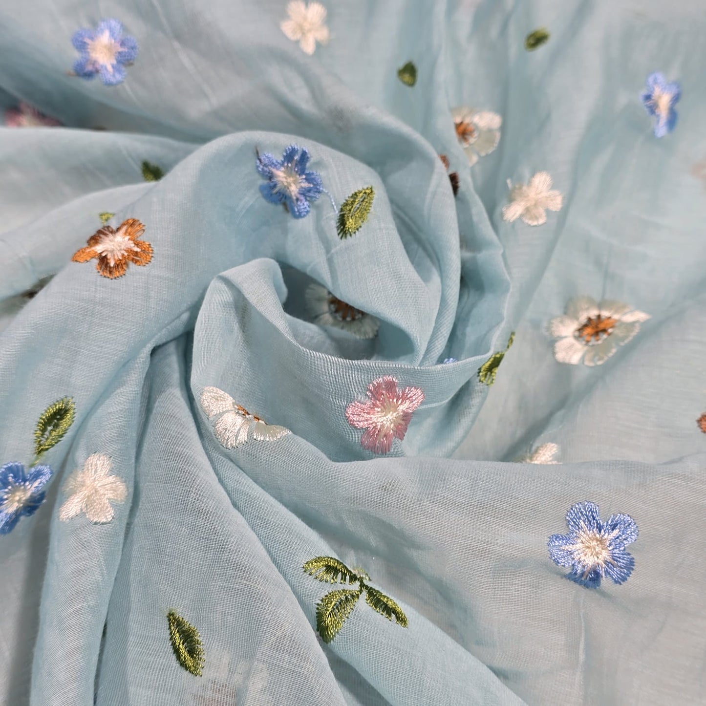 Sky Blue Pastel Floral Embroidered Cotton Silk Fabric – Soft Lightweight Designer Dress Material 44" By The Meter