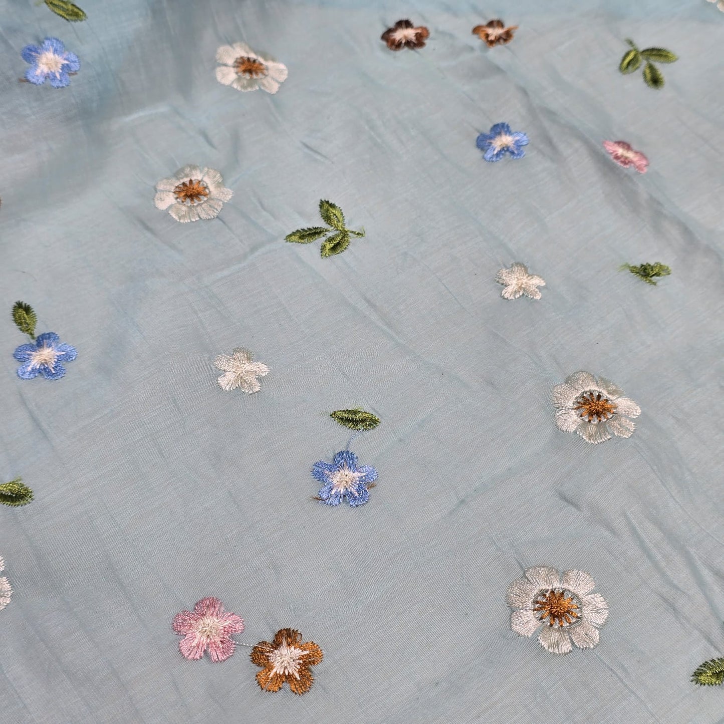 Sky Blue Pastel Floral Embroidered Cotton Silk Fabric – Soft Lightweight Designer Dress Material 44" By The Meter