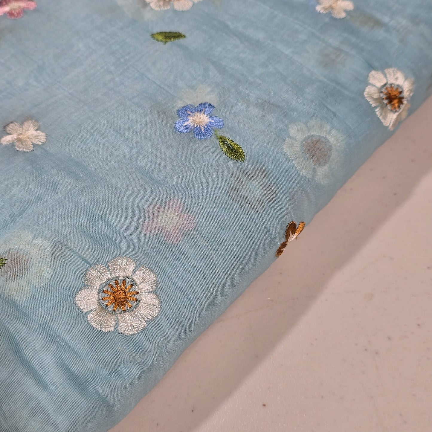 Sky Blue Pastel Floral Embroidered Cotton Silk Fabric – Soft Lightweight Designer Dress Material 44" By The Meter