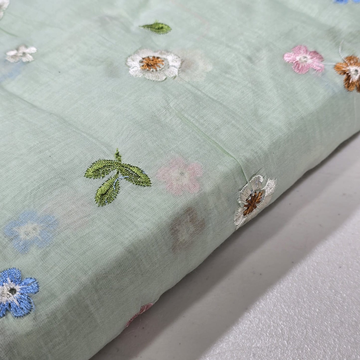 Mint Green Pastel Floral Embroidered Cotton Silk Fabric – Soft Lightweight Designer Dress Material 44" By The Meter