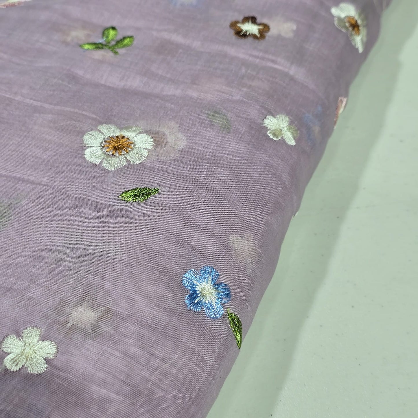 Lilac Lavender Pastel Floral Embroidered Cotton Silk Fabric – Soft Lightweight Designer Dress Material 44" By The Meter