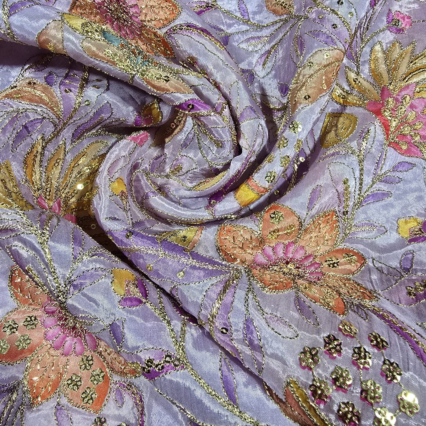 Lilac Organza Floral Position Print Embroidery Fabric 44"  – Premium Designer Dress & Craft Material by Meter