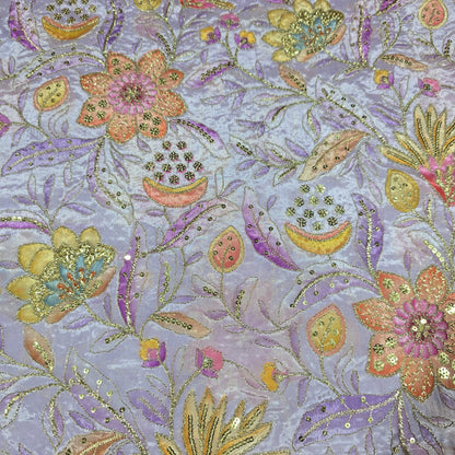 Lilac Organza Floral Position Print Embroidery Fabric 44"  – Premium Designer Dress & Craft Material by Meter