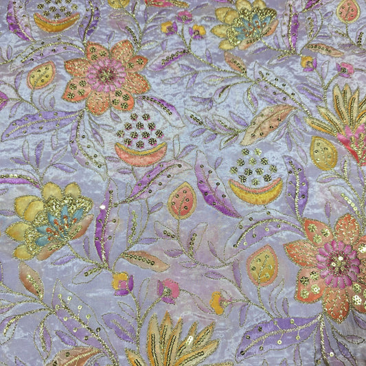 Lilac Organza Floral Position Print Embroidery Fabric 44" – Premium Designer Dress & Craft Material by Meter