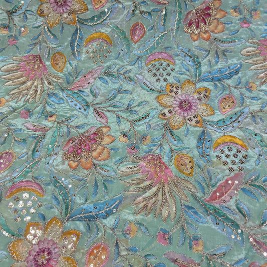 Sage Green Organza Floral Position Print Embroidery Fabric 44"  – Premium Designer Dress & Craft Material by Meter
