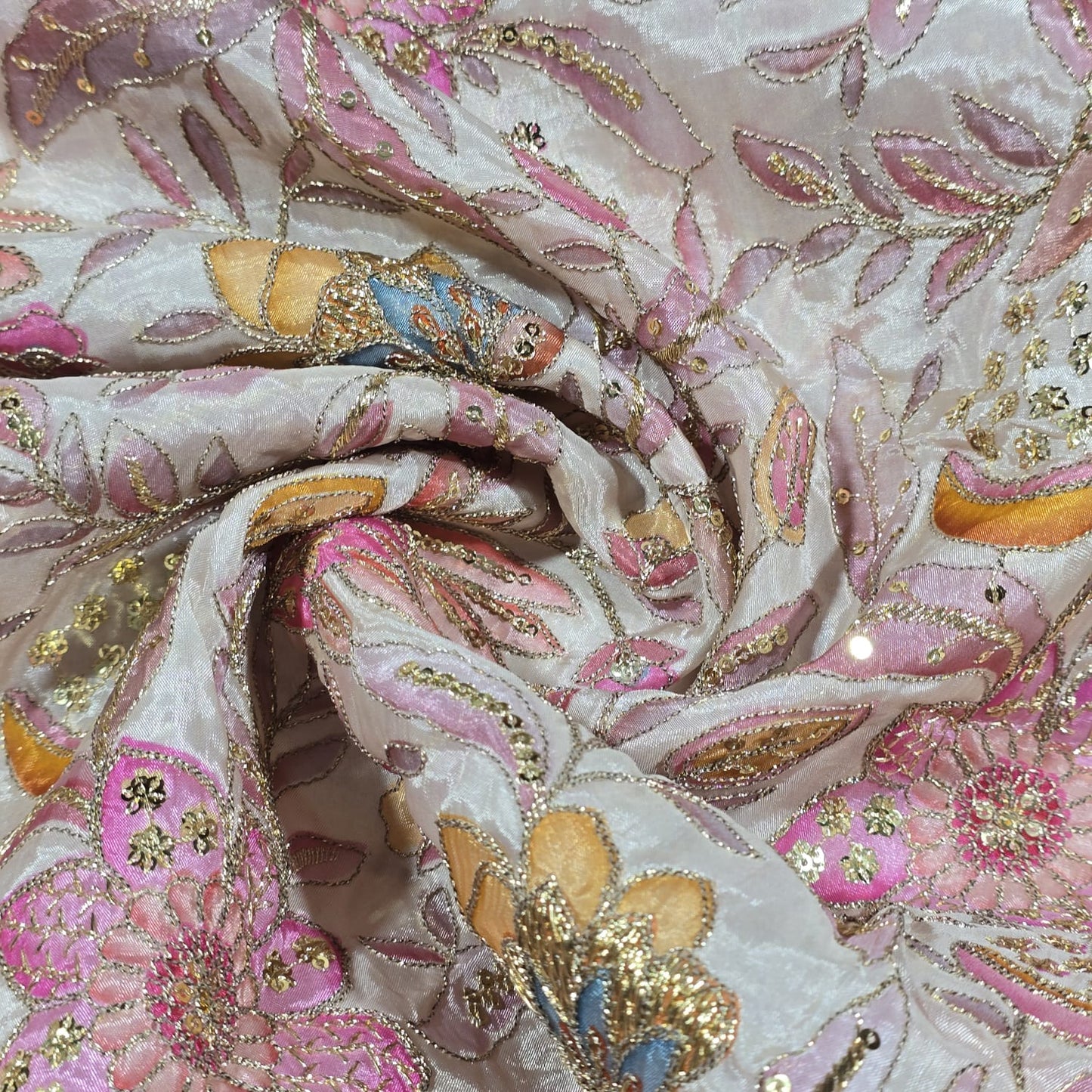 Winter Pink Organza Floral Position Print Embroidery Fabric 44"  – Premium Designer Dress & Craft Material by Meter