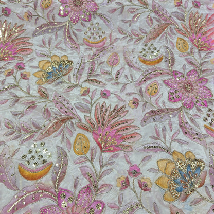 Winter Pink Organza Floral Position Print Embroidery Fabric 44"  – Premium Designer Dress & Craft Material by Meter