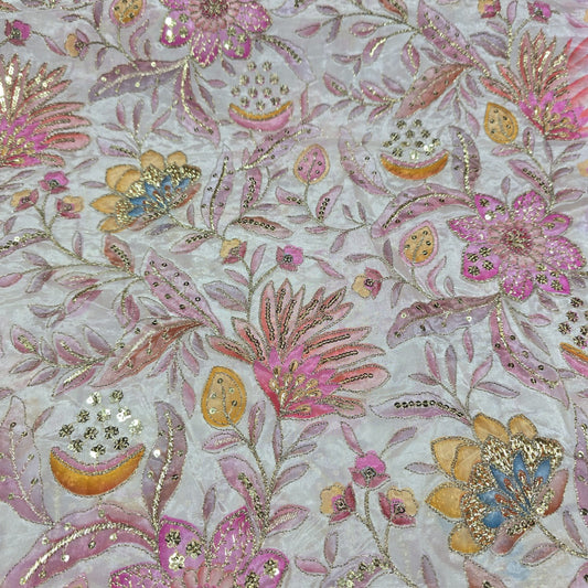 Winter Pink Organza Floral Position Print Embroidery Fabric 44"  – Premium Designer Dress & Craft Material by Meter