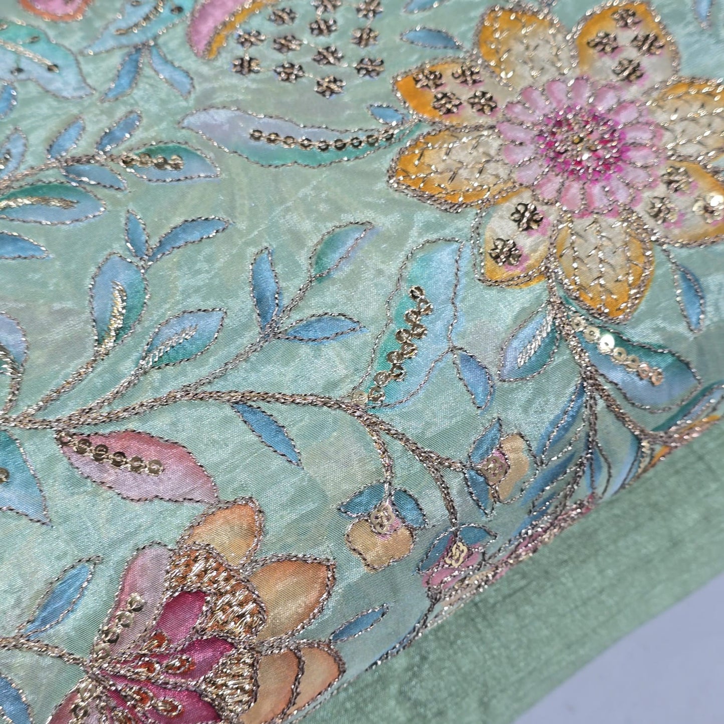 Sage Green Organza Floral Position Print Embroidery Fabric 44"  – Premium Designer Dress & Craft Material by Meter