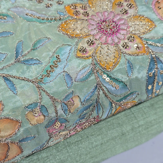 Sage Green Organza Floral Position Print Embroidery Fabric 44"  – Premium Designer Dress & Craft Material by Meter