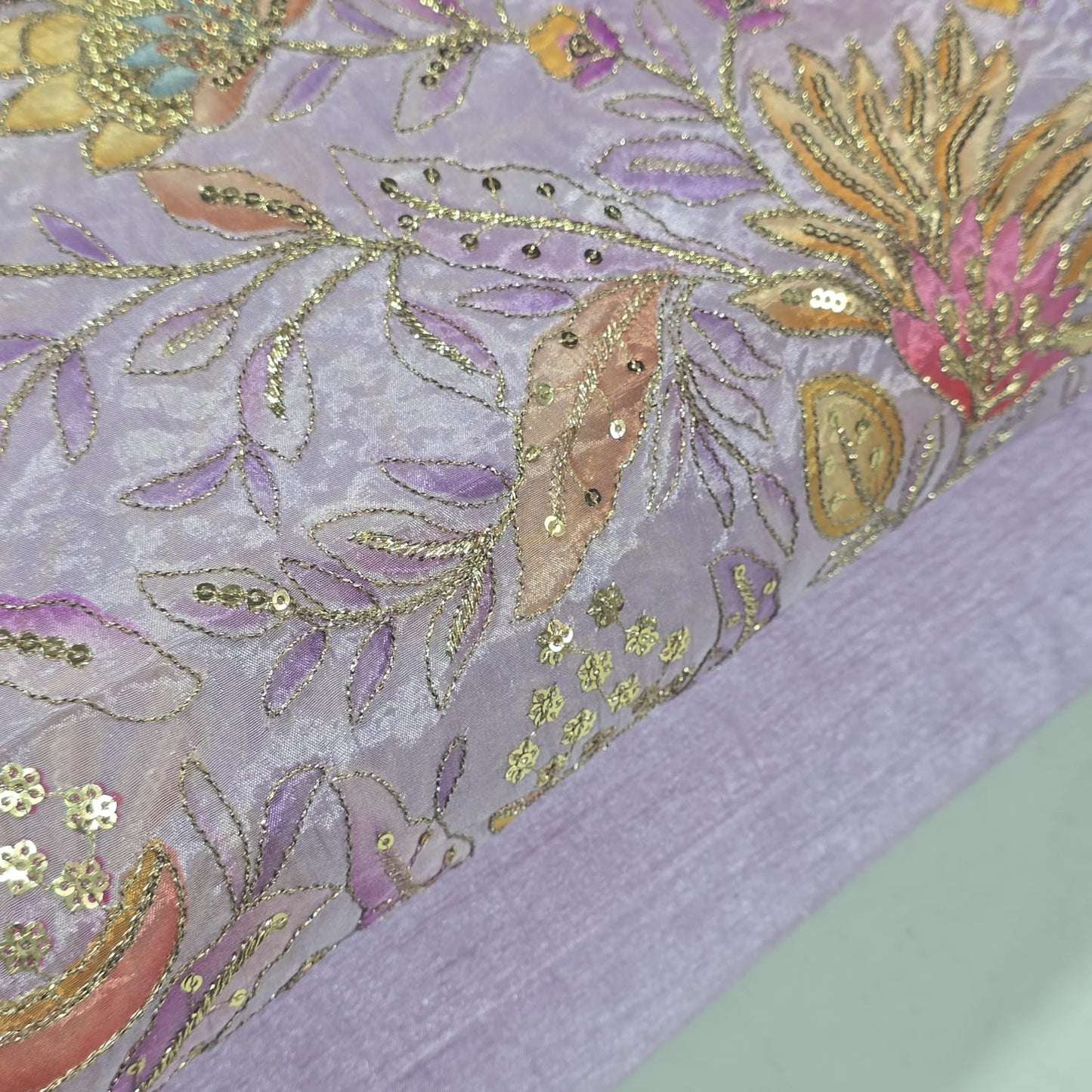 Lilac Organza Floral Position Print Embroidery Fabric 44"  – Premium Designer Dress & Craft Material by Meter