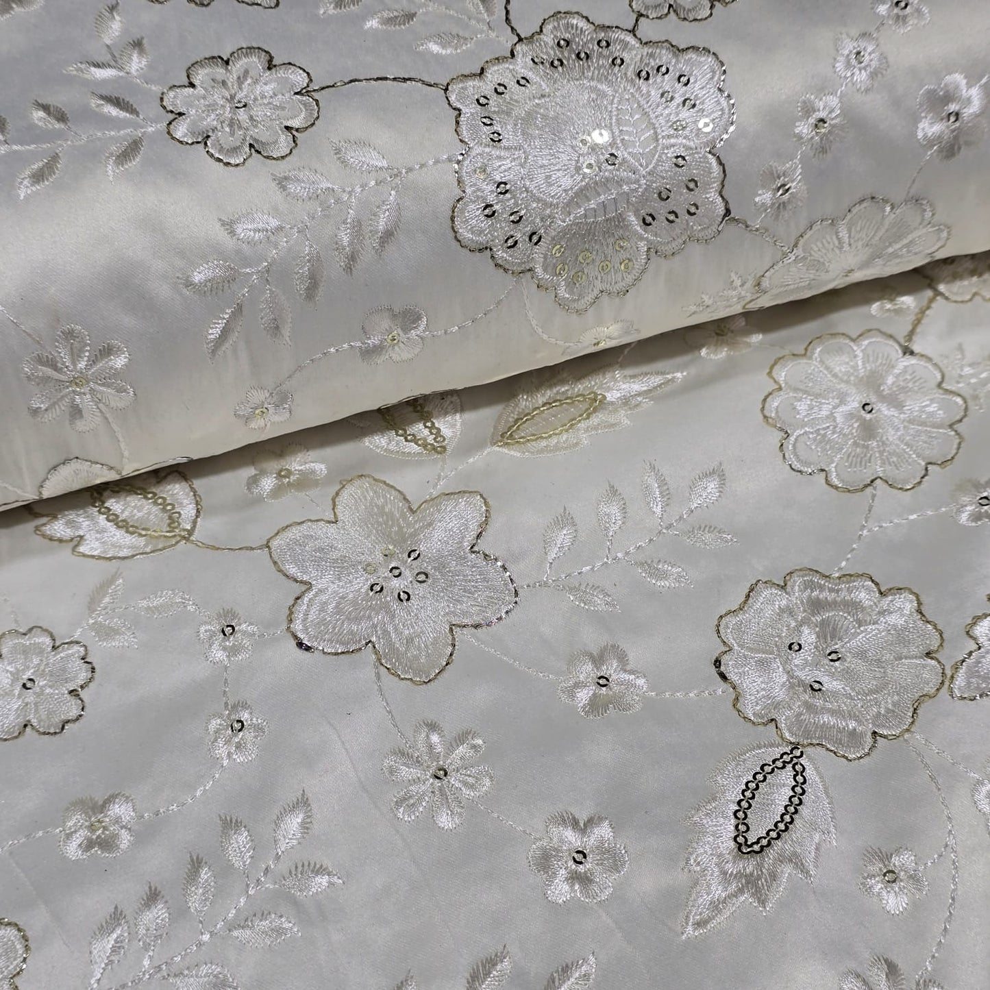 White Floral Embroidered Silk Fabric with Sequin Work – Premium Designer Dress Material by Meter