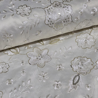 White Floral Embroidered Silk Fabric with Sequin Work – Premium Designer Dress Material by Meter