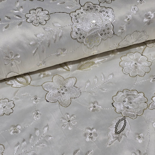 White Floral Embroidered Silk Fabric with Sequin Work – Premium Designer Dress Material by Meter