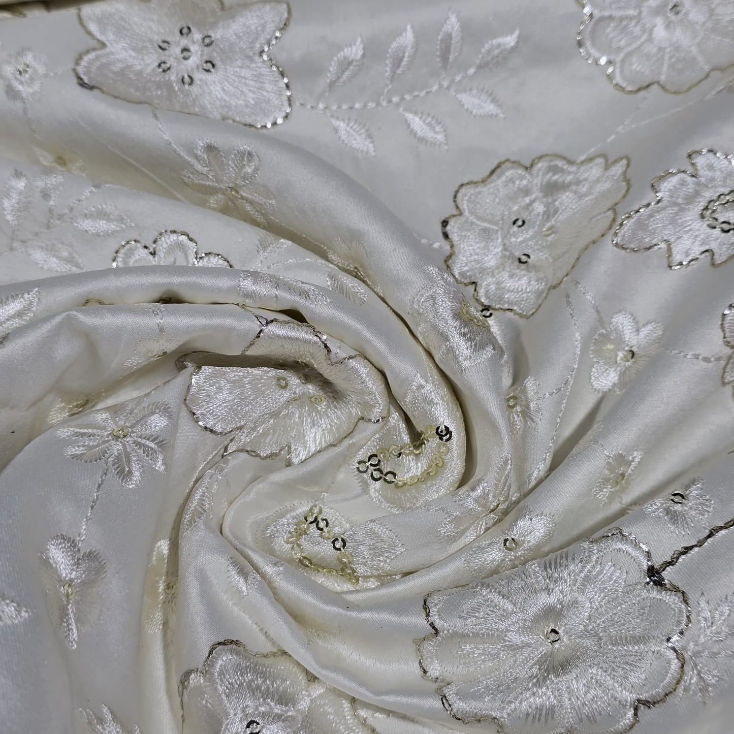 White Floral Embroidered Silk Fabric with Sequin Work – Premium Designer Dress Material by Meter