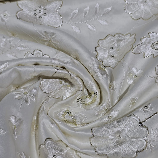 White Floral Embroidered Silk Fabric with Sequin Work – Premium Designer Dress Material by Meter