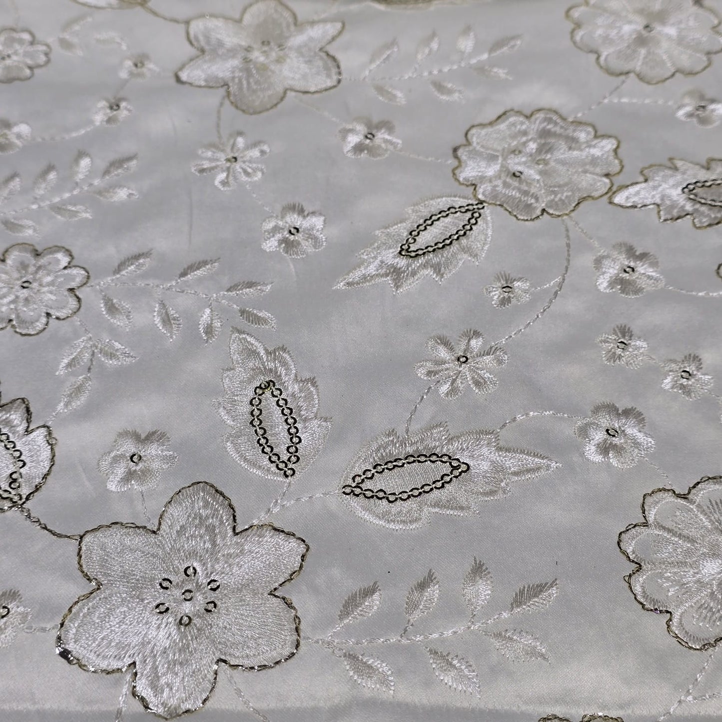 White Floral Embroidered Silk Fabric with Sequin Work – Premium Designer Dress Material by Meter