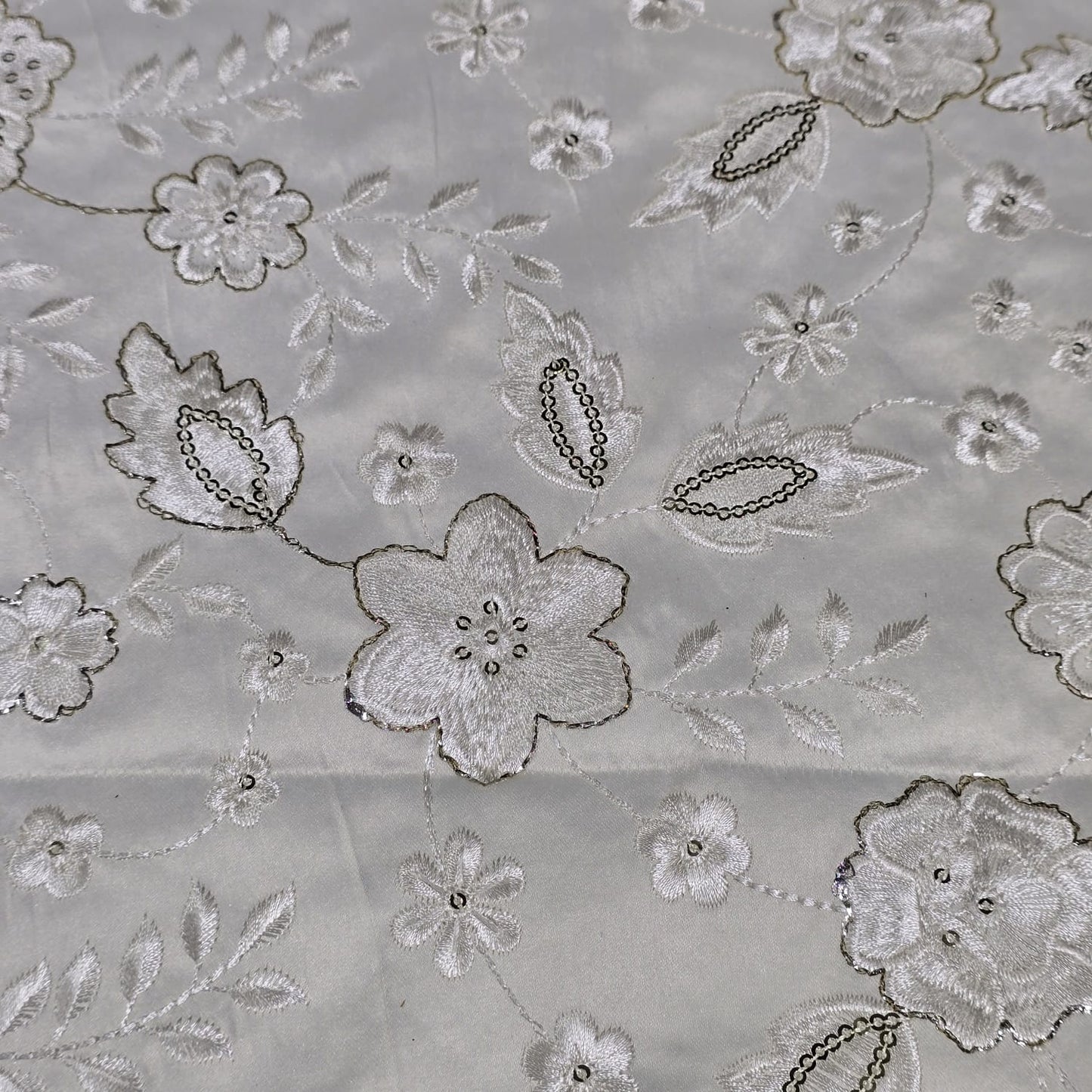 White Floral Embroidered Silk Fabric with Sequin Work – Premium Designer Dress Material by Meter