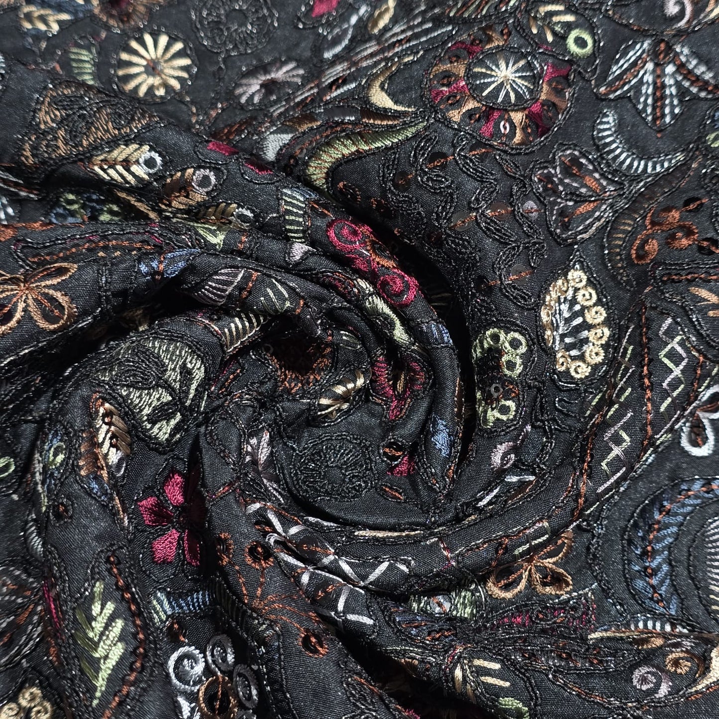 Black Premium Embroidered Faux Silk Fabric – Designer Floral & Paisley Pattern Luxury Dress Material by Meter