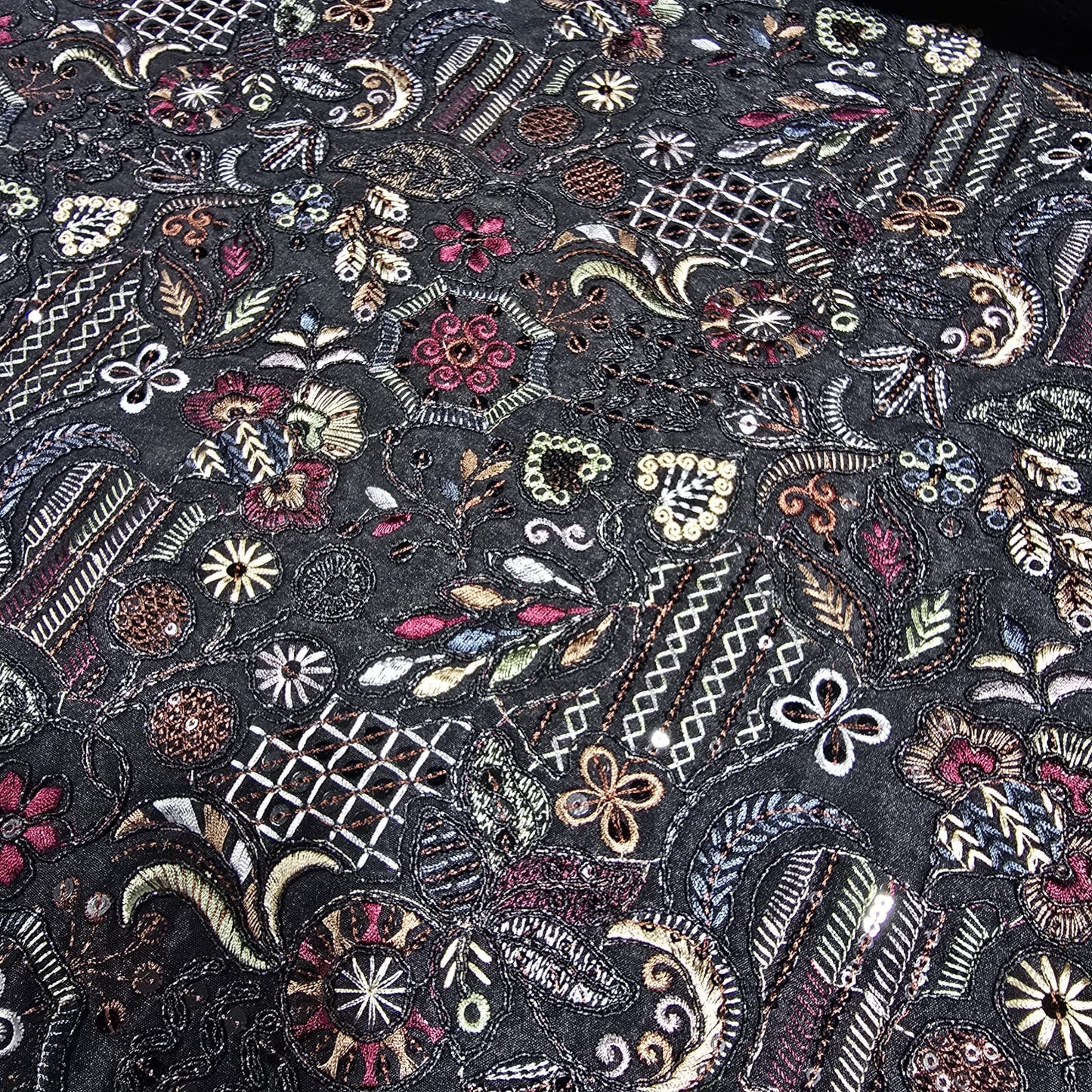 Black Premium Embroidered Faux Silk Fabric – Designer Floral & Paisley Pattern Luxury Dress Material by Meter